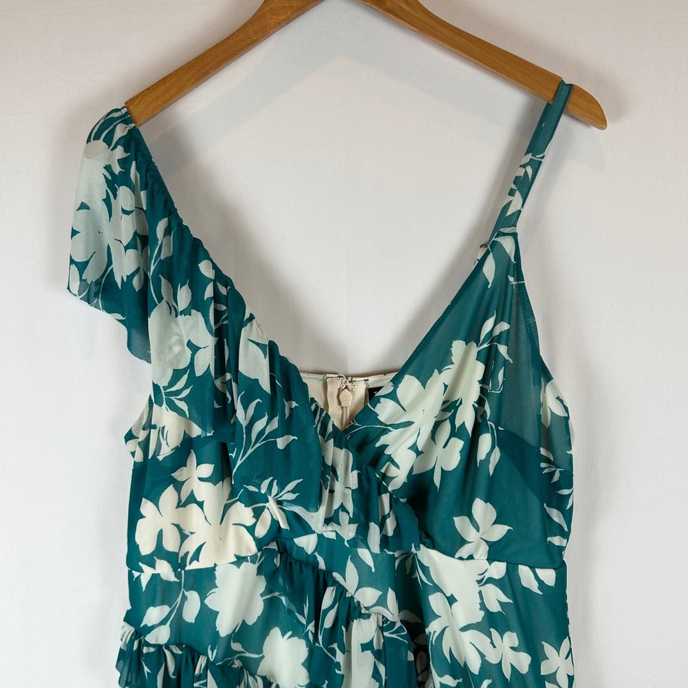 NEW Torrid Teal Shadow Floral Mesh Asymmetrical Ruffle Skater Midi Dress 2X - Picture 7 of 13